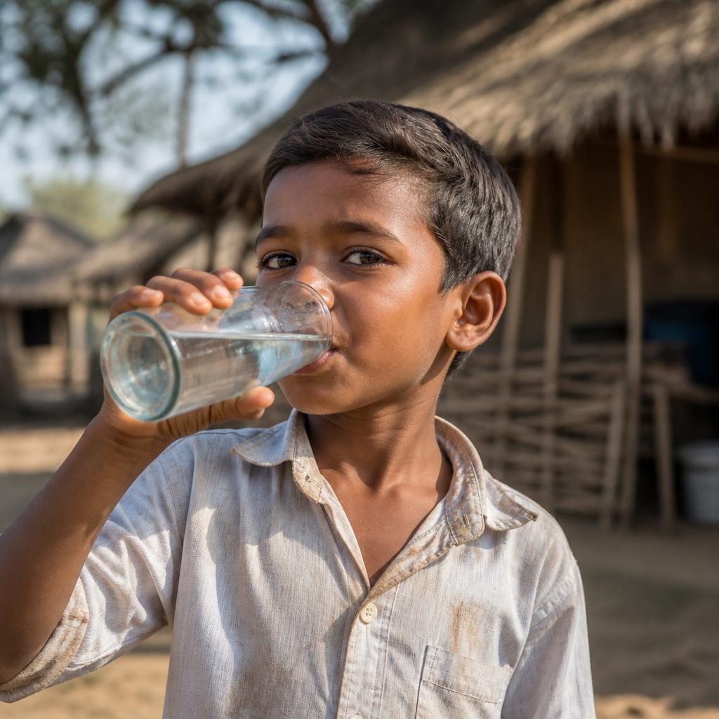 A child drinking clean water from a glass in a rural village, warm natural light.