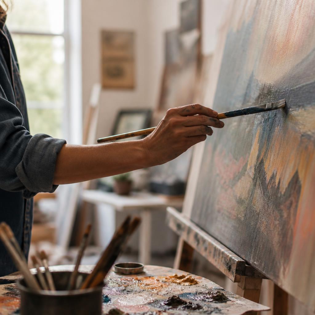 Close-up of a young artist's paint-covered hands against a bold blue brushstroke.