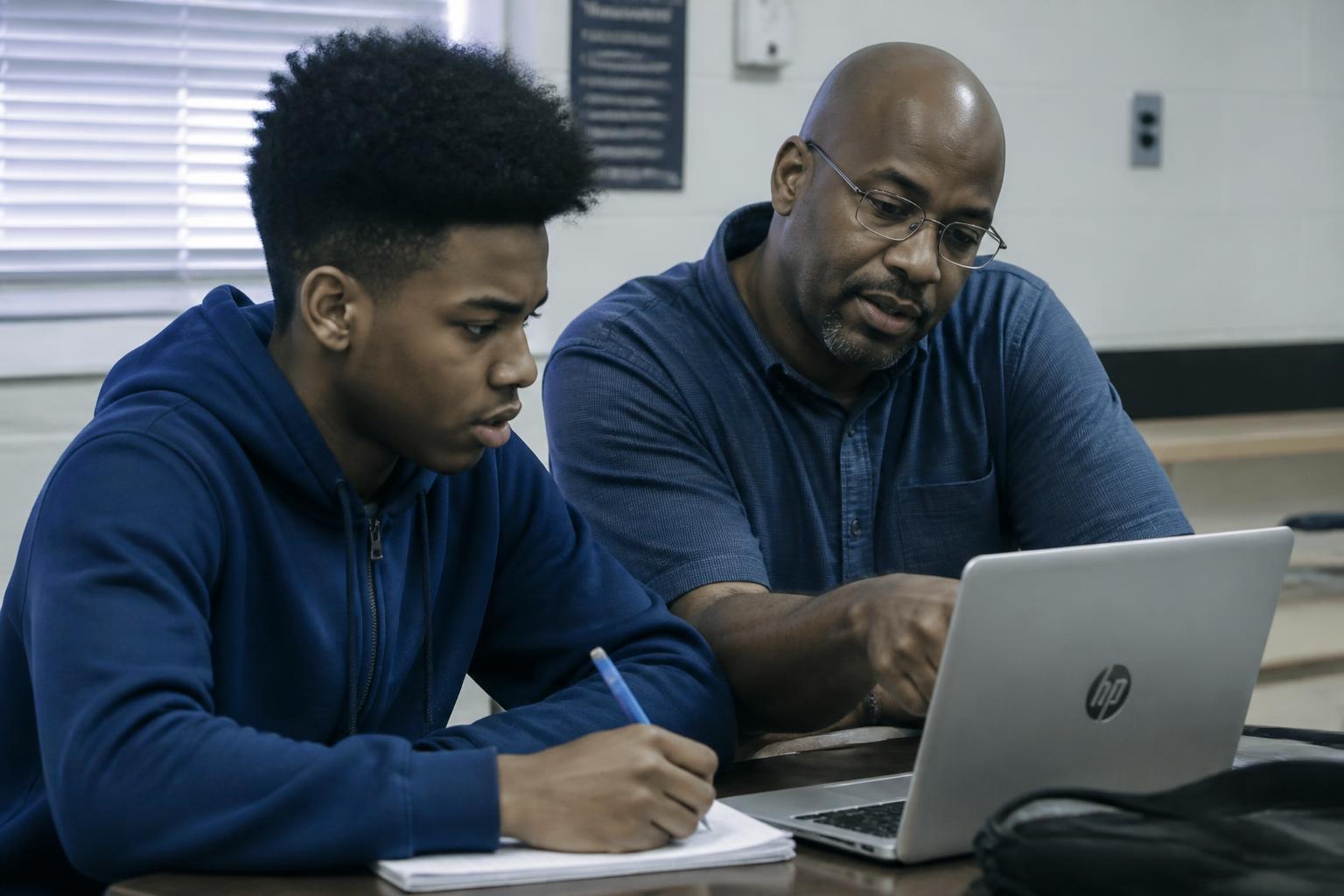 Mentor reviewing a student's online digital-skills work at a laptop in a real classroom setting