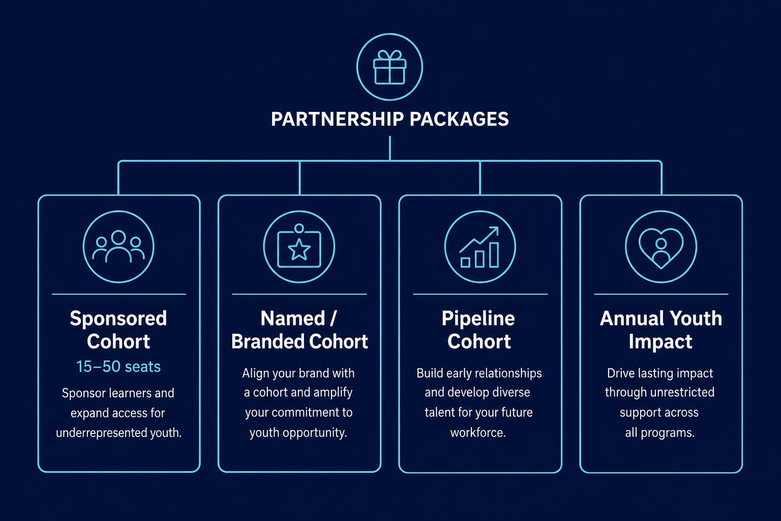 Diagram of the four CSR cohort package tiers: sponsored, named, pipeline, and annual youth impact