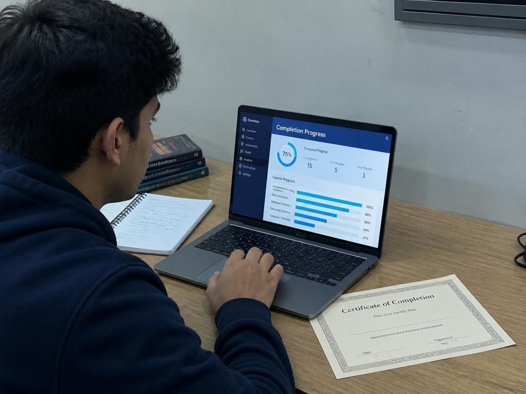 Completed pathway summary at 100% on a laptop beside a printed certificate of completion