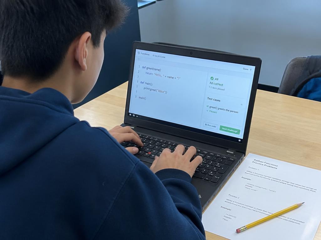 Student building a simple digital project in a code editor with a live preview on a laptop