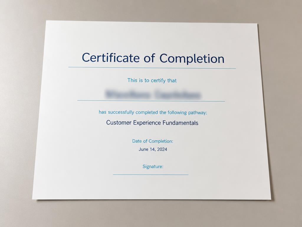 Printed sample certificate of completion for a digital-skills pathway with the participant name blurred