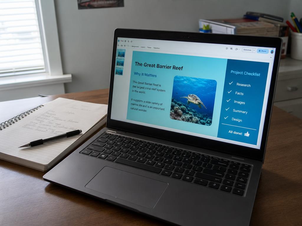 Laptop beside a notebook showing a simple student-built digital project with its checklist complete